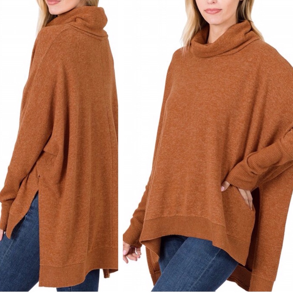 NEW Boho Cowl neck cozy poncho knit sweater - camel
